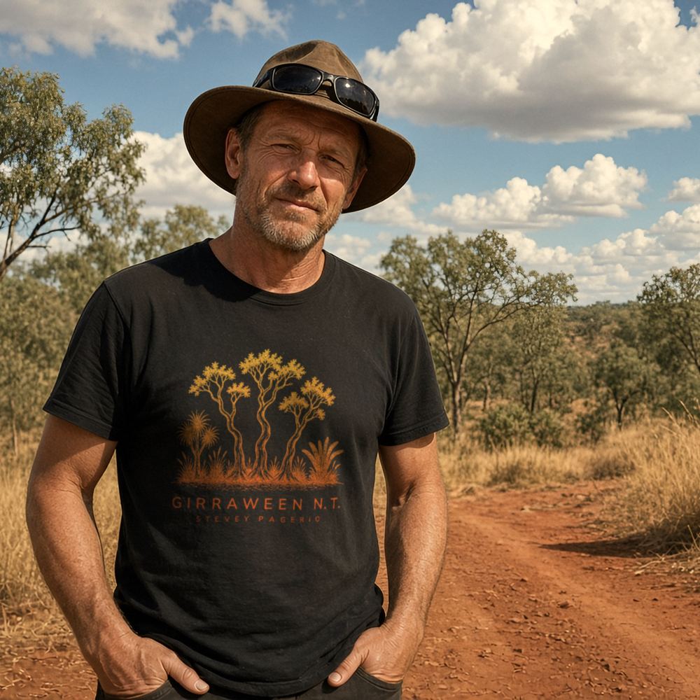 Weathered man in a bush hat with sunglasses on the brim wearing the black Girraween N.T. t-shirt, hands in pockets, on a red-dirt track with speargrass, gum trees and a big Top End sky