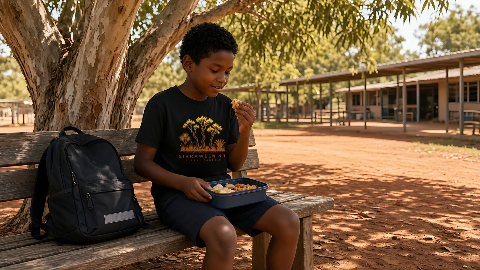 Boy in the black Girraween N.T. kids tee eating lunch on a timber bench under a gum tree, with school verandahs behind