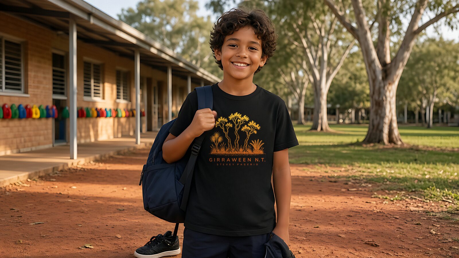 Smiling boy with a navy backpack wearing the black Girraween N.T. kids tee beside a school covered walkway, with red dirt and gum trees behind