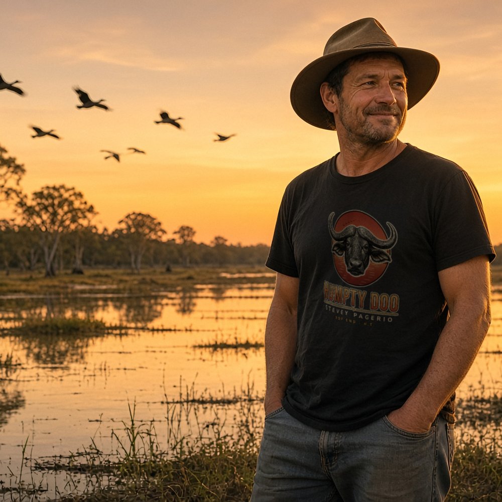 Man in an akubra hat wearing the black Humpty Doo water buffalo tee, standing by a Top End floodplain at sunset with magpie geese flying overhead