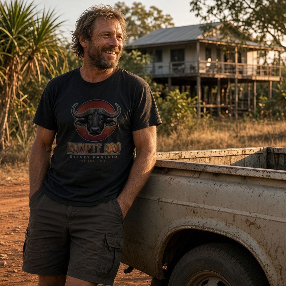Smiling bearded man in the black Humpty Doo water buffalo tee, hands in his pockets, leaning on a muddy ute on a red-dirt block, with pandanus, dry grass and a Top End stilt house in late-afternoon sun